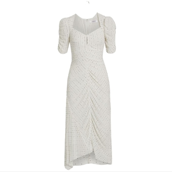 FRAME Ruched Tie-Neck Polka-Dot Midi Dress, White | Black, Medium, NWT - Picture 3 of 16